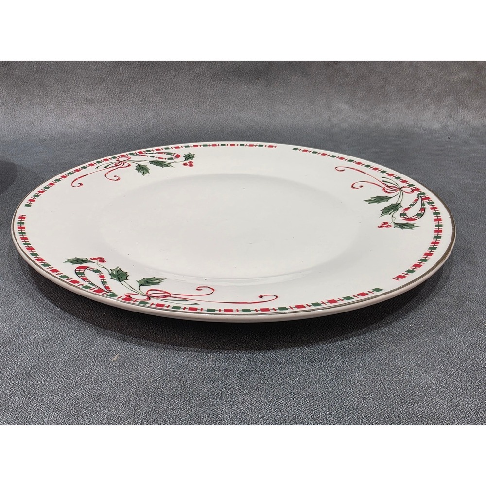 Gibson Everyday Christmas Platter 12 Inch Holly Berry Candy Cane Gold Rim